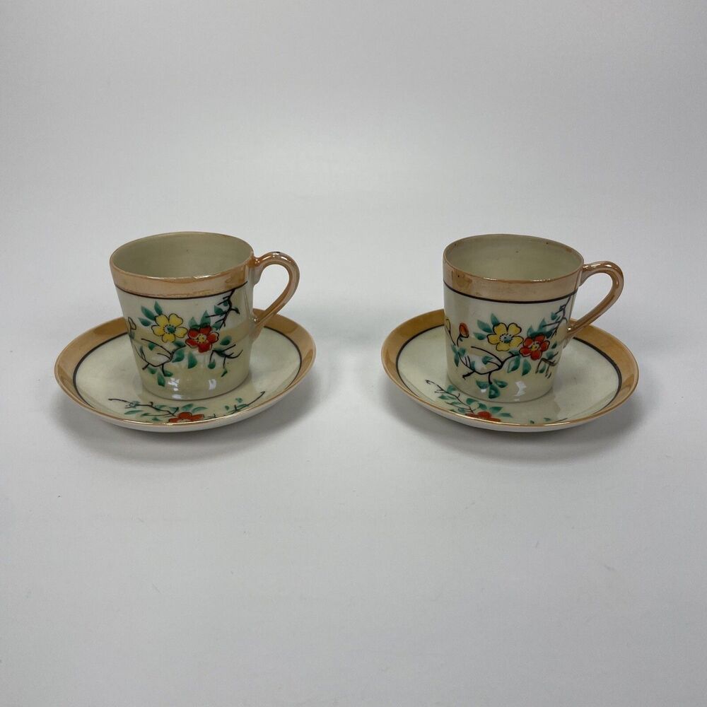 Set of Two Antique Occupied Japan Mini Tea Cup and Saucers